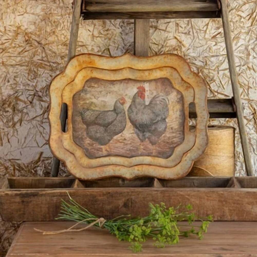 NEW PORCH VIEW HOME metal antique chicken tray in multi